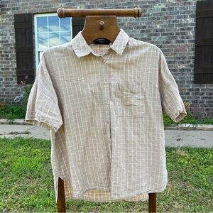 ABLE 100% cotton boxy button down; beige window pane